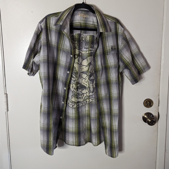 Lucky 13 zombie tiki button up shirt plaid green rockabilly retro pin up M L - Picture 2 of 12